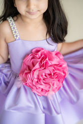 Lavender satin dress with pearl strap